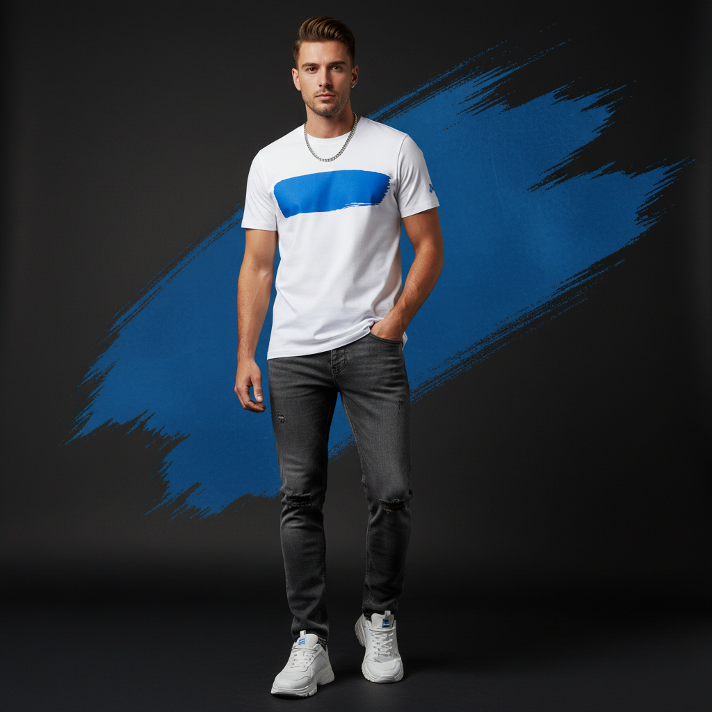 create a model wearing a white t shirt from my store white blue brush