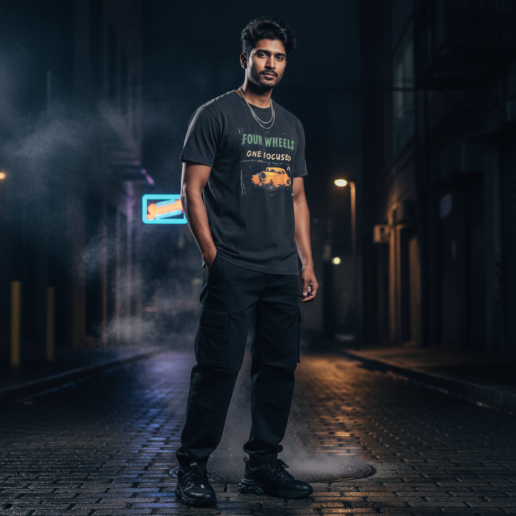 let the model wear on of the t shirt four wheels charcoal 